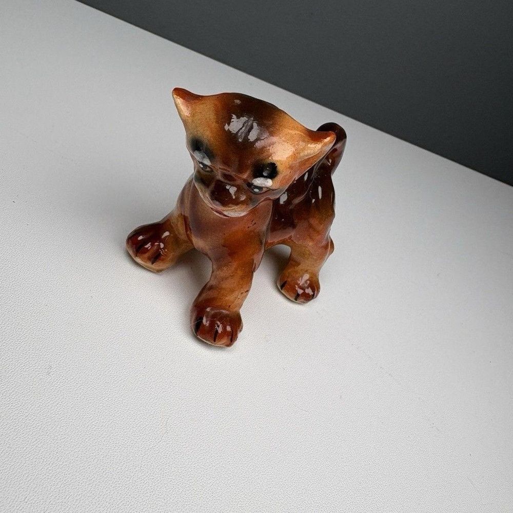 Ceramic Feline Animal Figurine Brown Tan Glazed Hand Painted Decorative Accent